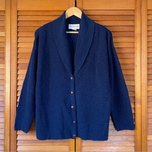 Vintage Cardigan Sweater Women's Size Medium Shawl Collar Navy Blue Preppy Knit